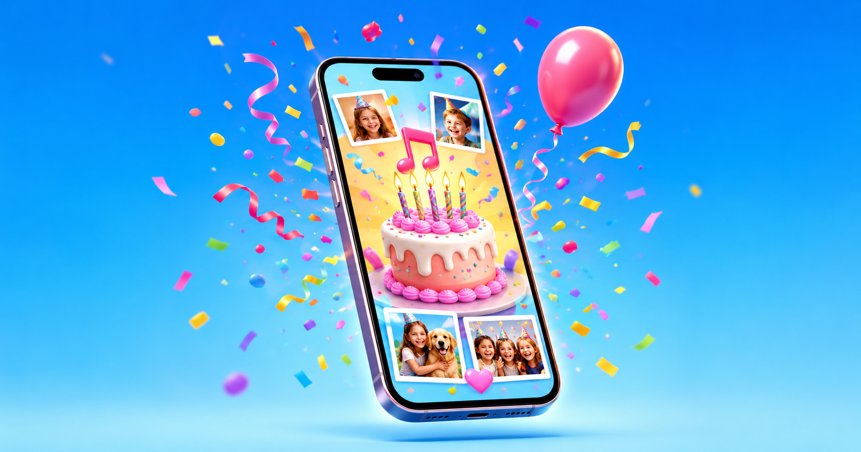 A birthday website on a phone showing photos, a song and a personal note