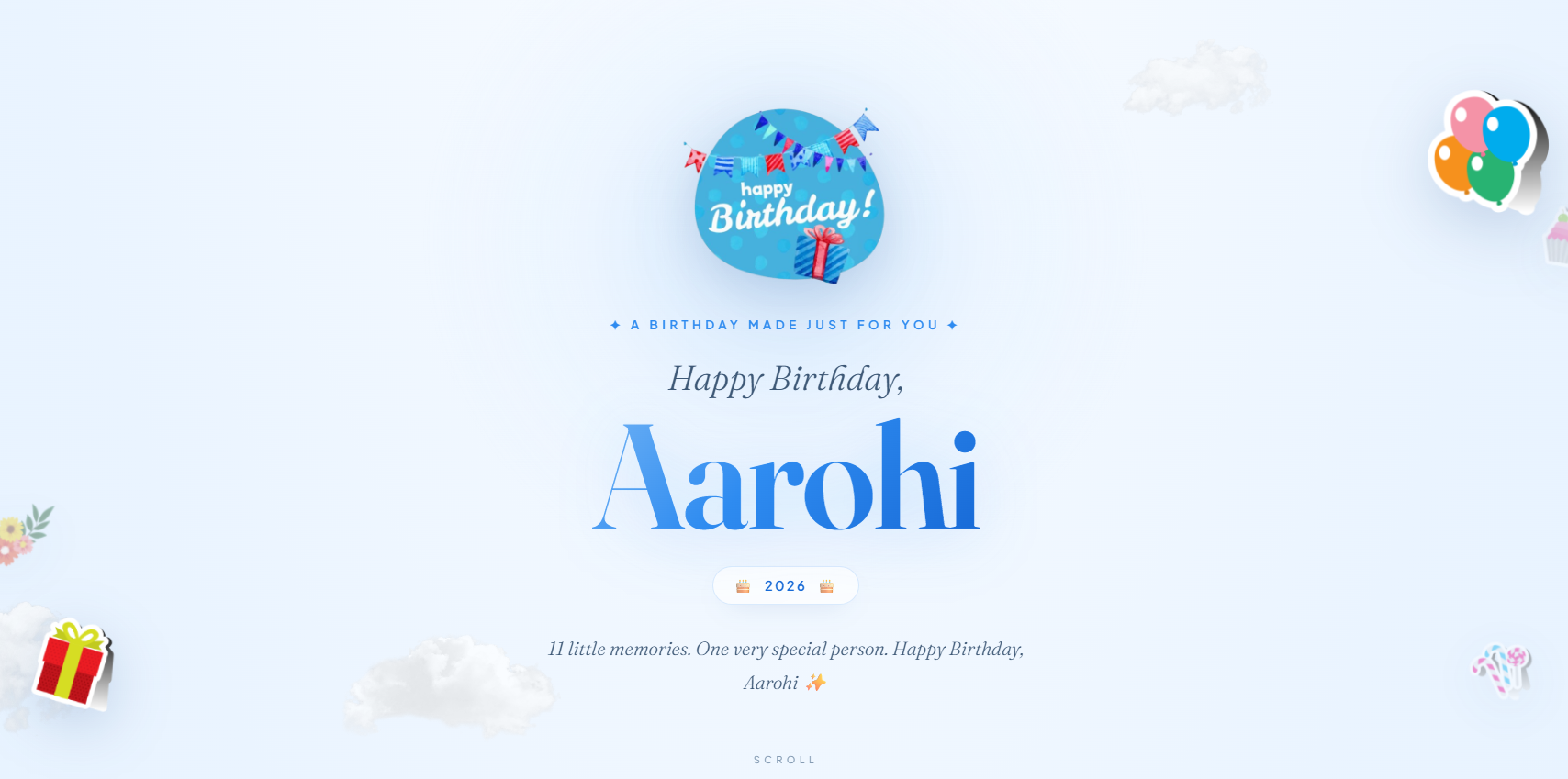 OpenMe birthday card welcome screen with a personalised 'Happy Birthday, Aarohi' message